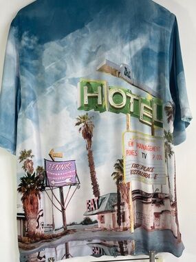 Zara XL Resort Graphic Button-Up Shirt Palm Tree Las Vegas Motel Print Viscose